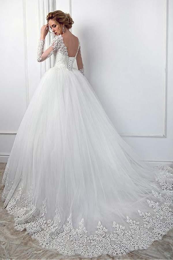Gorgeous Ball Gown Long Sleeves Jewel Tulle Lace Wedding Dress