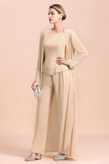 Two Pieces Champagne Long Sleeve Chiffon Mother of the Bride Dress With Jacket