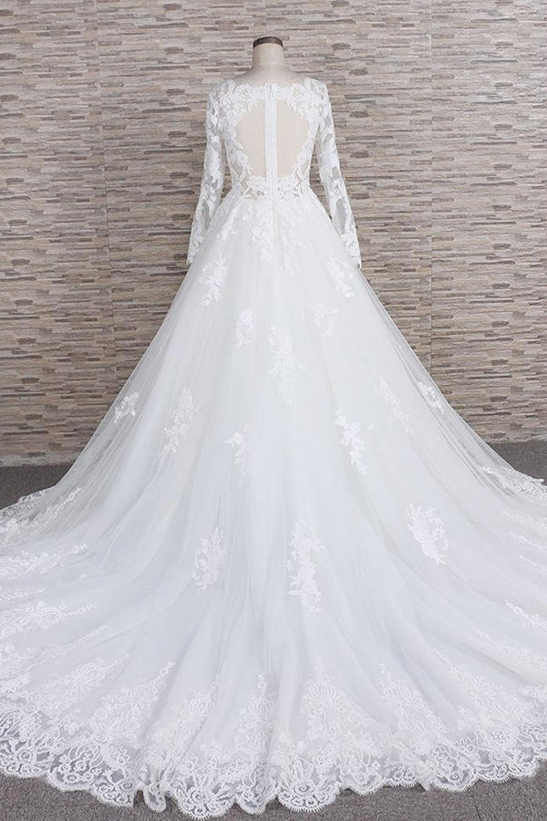 Plus Size Long A-line Applqiues Lace Tulle Wedding Dress with Sleeves