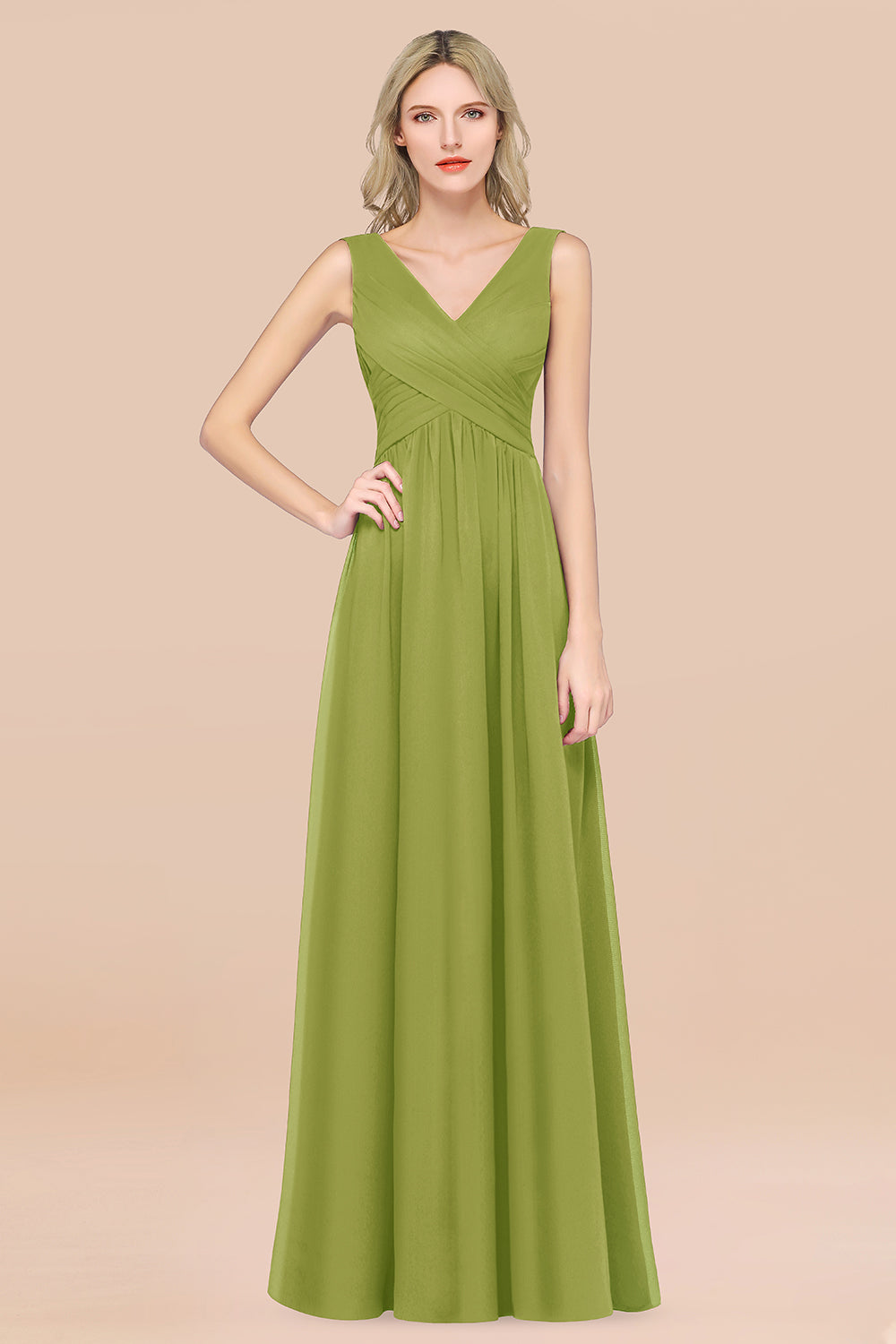 A-Line Chiffon Straps V-Neck Sleeveless Floor Length Bridesmaid Dress with Ruffles