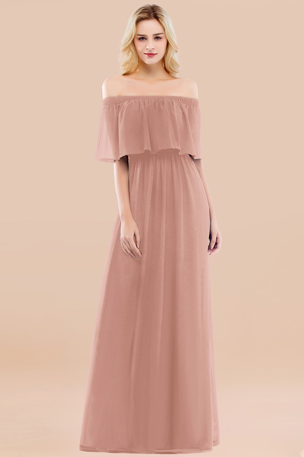 A-line Chiffon Off the Shoulder Short Sleeves Ruffles Floor Length Bridesmaid Dress