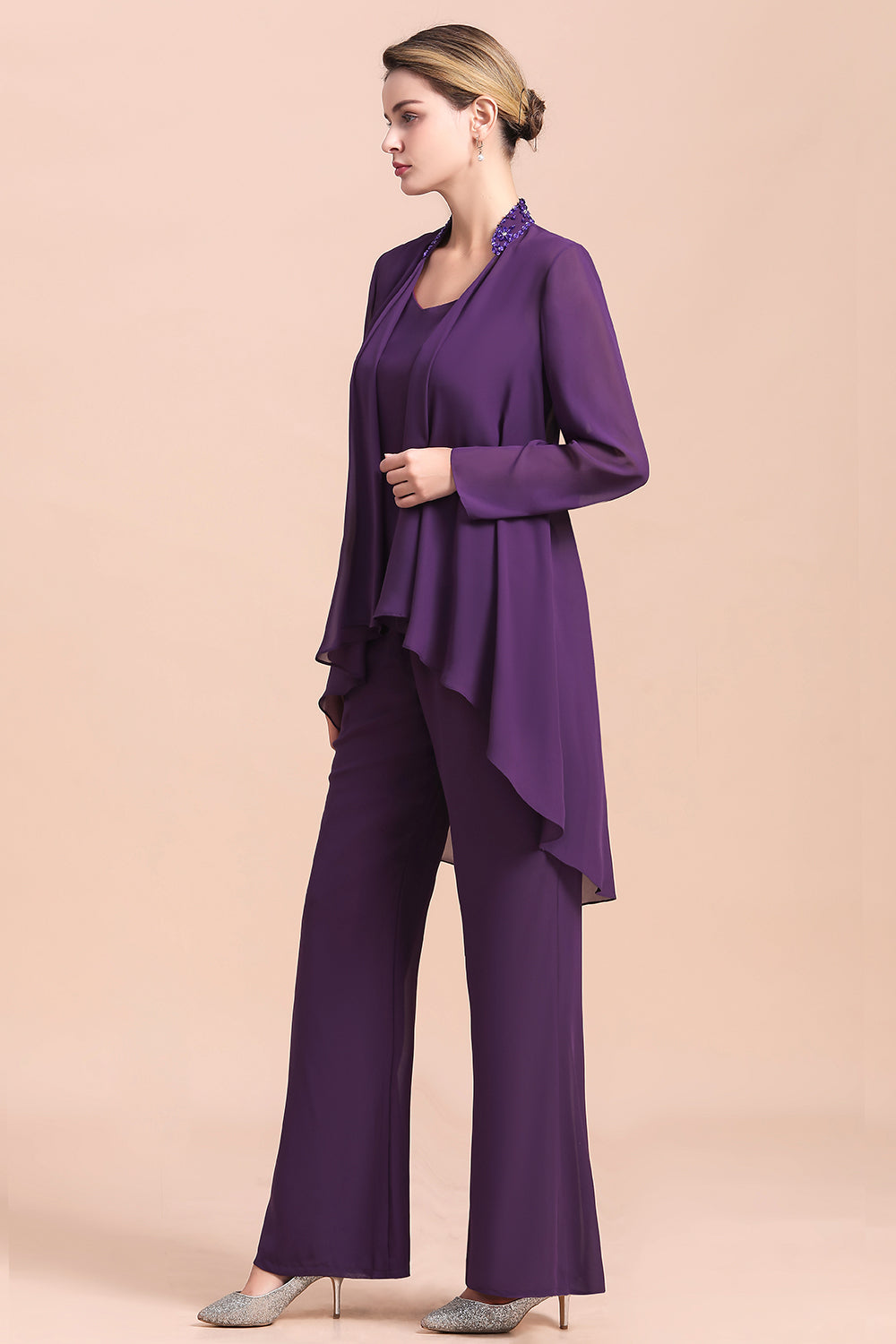 Straps Beading Grape Chiffon Long Sleeves Mother of Bride Jumpsuit With Wrap