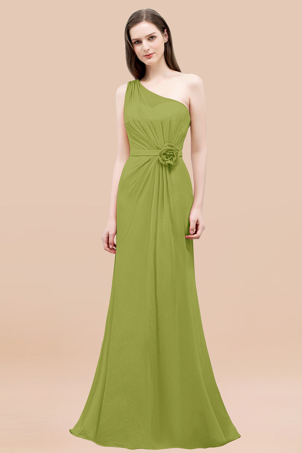 Mermaid Chiffon One Shoulder Sleeveless Ruffled Floor Length Bridesmaid Dresses with Flower