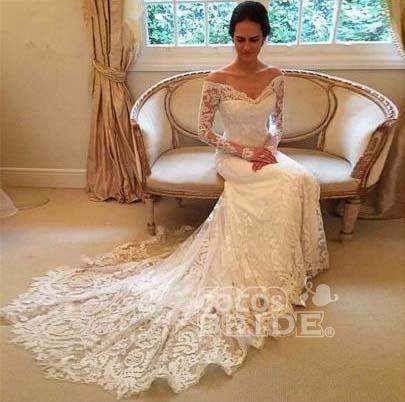 White Long Sleeves Off the Shoulder Mermaid Lace Tulle Wedding Dress