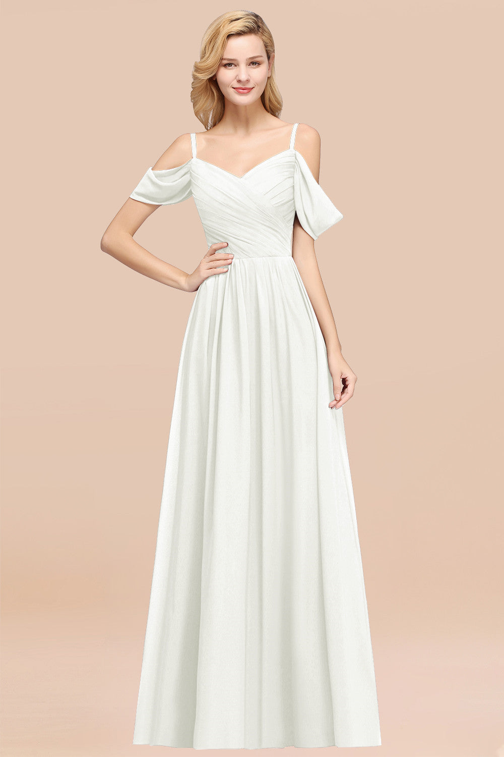 A-Line Chiffon V-Neck Spaghetti Straps Short Sleeves Floor Length Bridesmaid Dresses with Ruffles