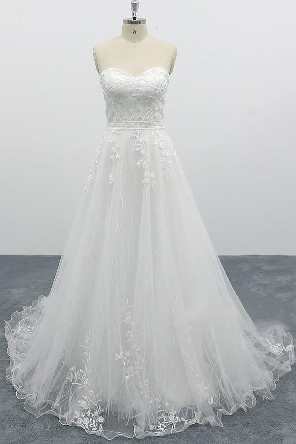 Strapless Long Tulle Chapel Train Lace A-line Wedding Dress