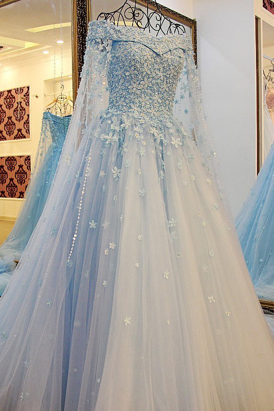 Off the Shoulder Tulle Long Sleeves Beading Flower Ball Gown Prom Dress