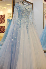 Off the Shoulder Tulle Long Sleeves Beading Flower Ball Gown Prom Dress