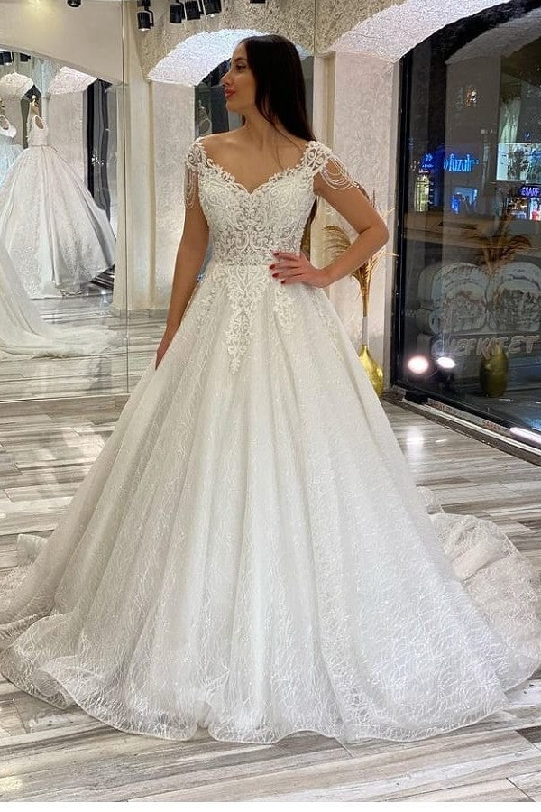 Elegant Long A-Line Sequins Appliques Lace Sweetheart Backless Train Wedding Dresses