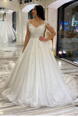Elegant Long A-Line Sequins Appliques Lace Sweetheart Backless Train Wedding Dresses