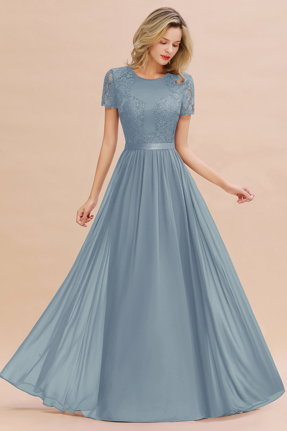 Chiffon Lace Scoop Short Sleeve Bridesmaid Dress