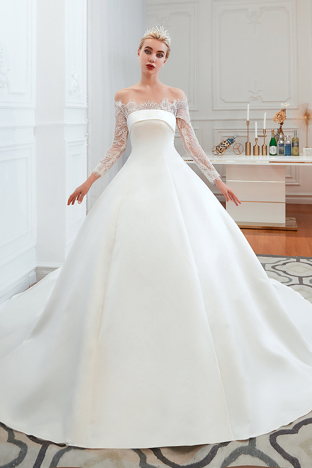 Stunning Off the Shoulder Long Sleeve A-Line Satin Church Wedding Dress
