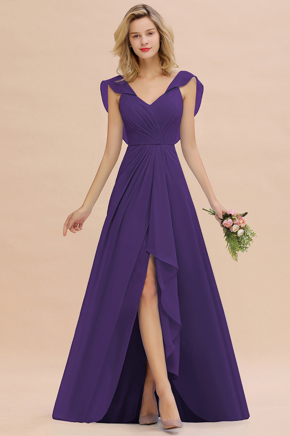 Simple High Low A-line V-Neck Ruffles Chiffon Bridesmaid Dress