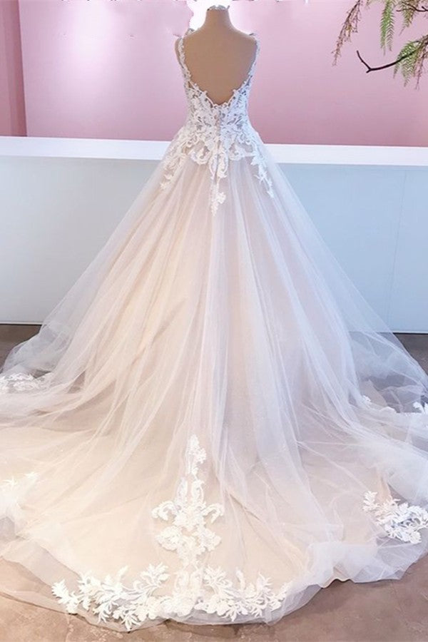 Elegant Long Appliques Lace Tulle Sweetheart Backless A-Line Ruffles Wedding Dress