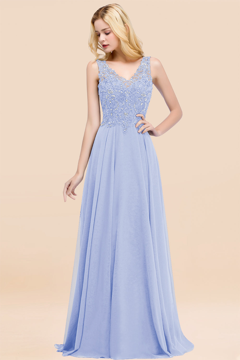 Dusty Rose Lace V-Neck Long Bridesmaid Dresses With Appliques