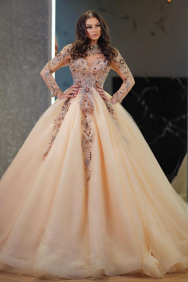 Gorgeous A-line Tulle Long Sleeve Appliques Lace Beads Floor Length Wedding Dress