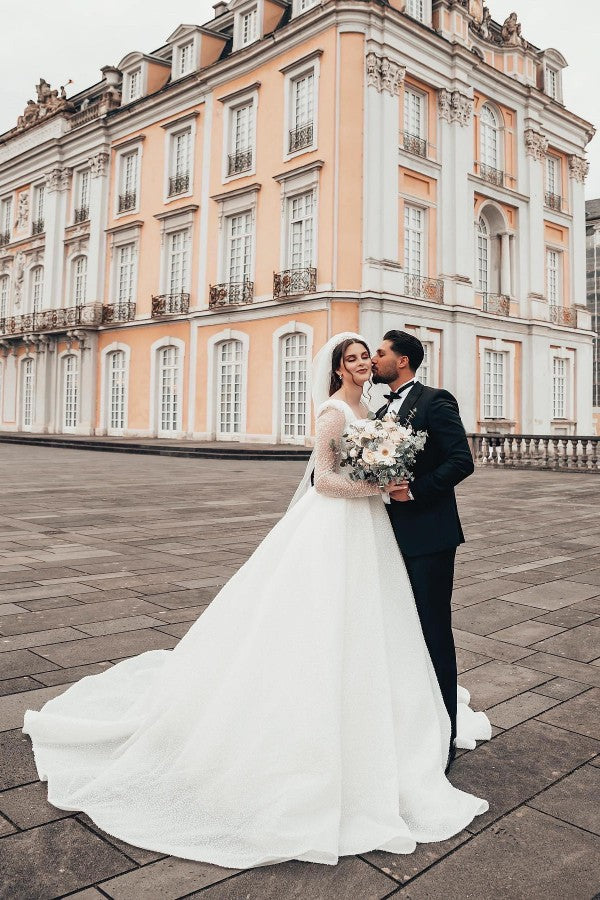 Glitter Long A-line Sweetheart Sequins Backless Wedding Dresses with Sleeves