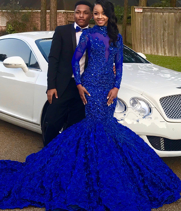 Royal Blue Long Mermaid High Neck Appliques Sequin Prom Dress
