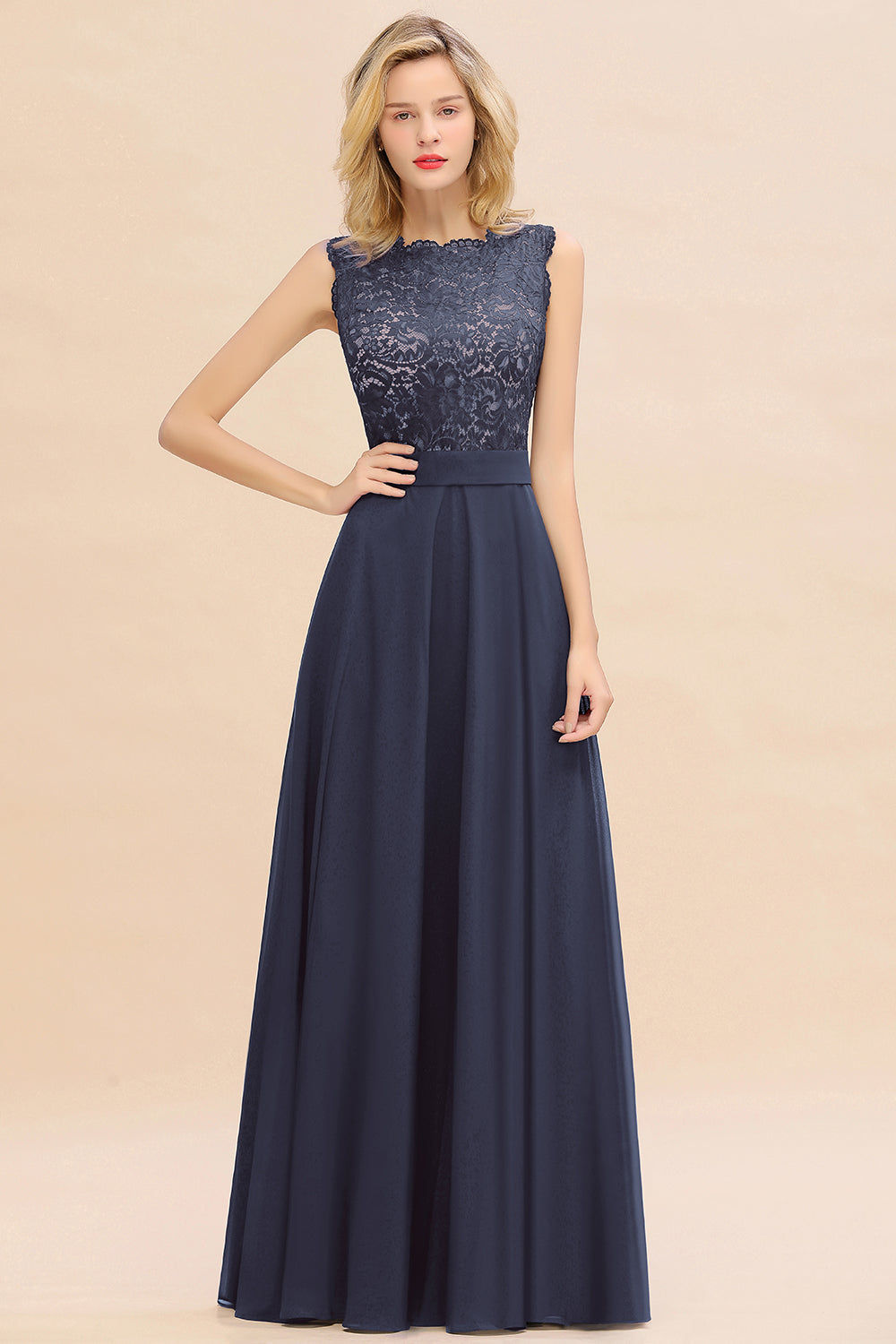 Long A-line Chiffon Lace Sleeveless Bridesmaid Dresses