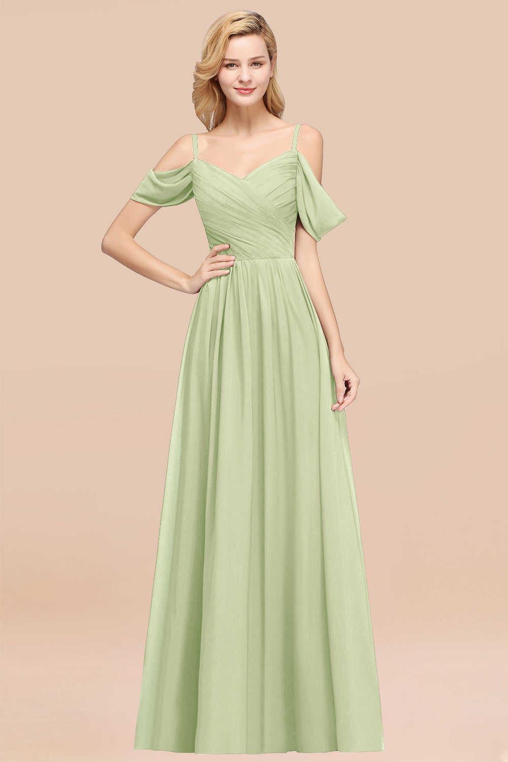 A-Line Chiffon V-Neck Spaghetti Straps Short Sleeves Floor Length Bridesmaid Dresses with Ruffles