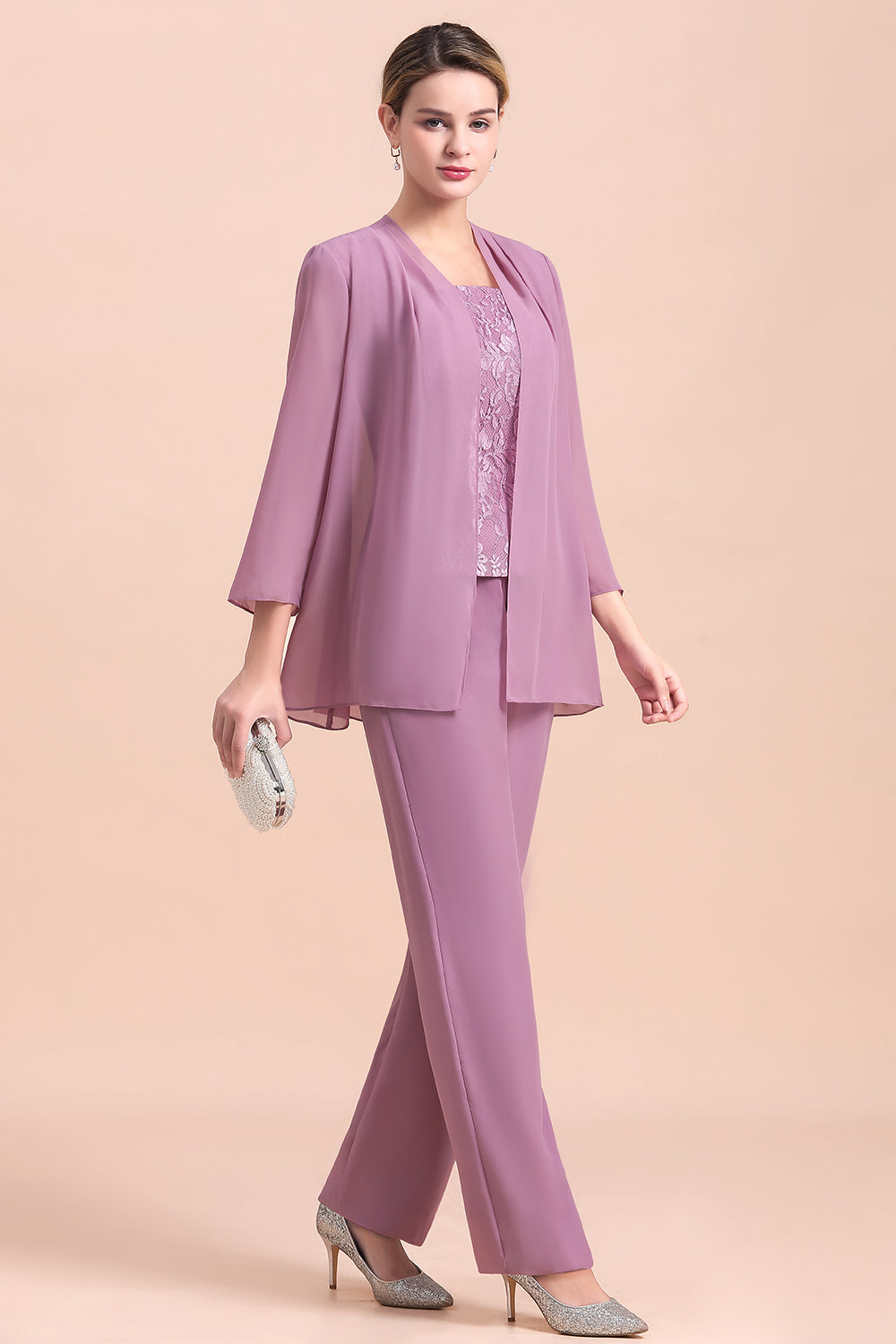 Elegant Lace Cap Sleeves Chiffon Mother of Bride Jumpsuit With Wrap