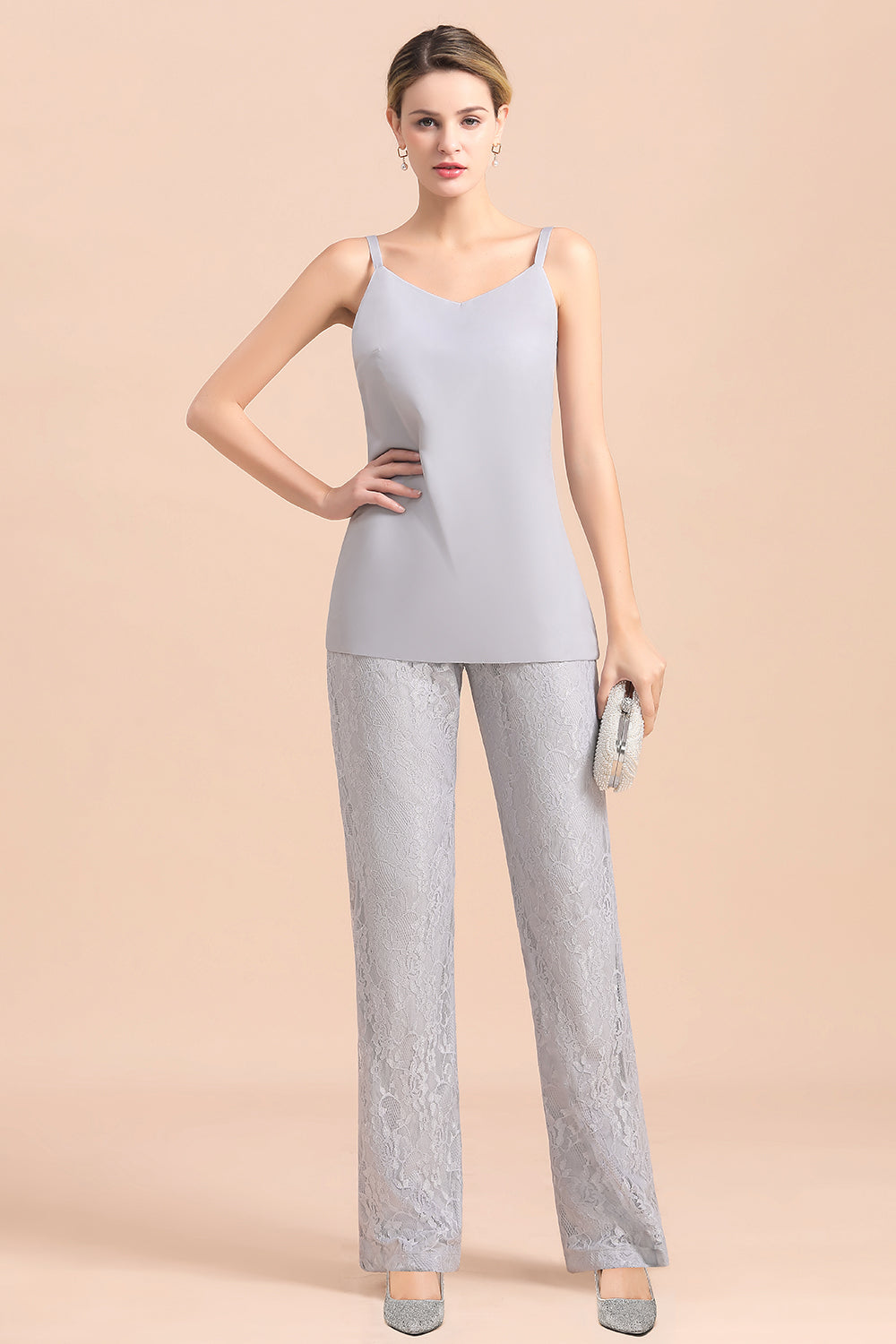 V-Neck Straps Appliques Silver Lace Wraps Mother of Bride Jumpsuit