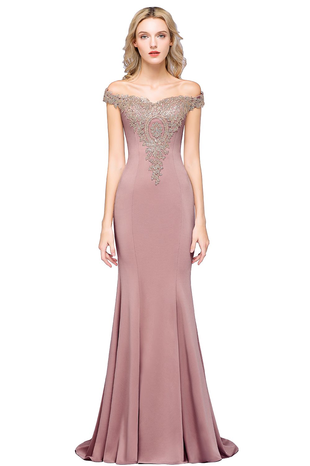 Dusty Rose Long Mermaid Off the Shoulder Satin Lace Formal Evening Dresses