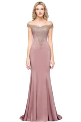 Dusty Rose Long Mermaid Off the Shoulder Satin Lace Formal Evening Dresses