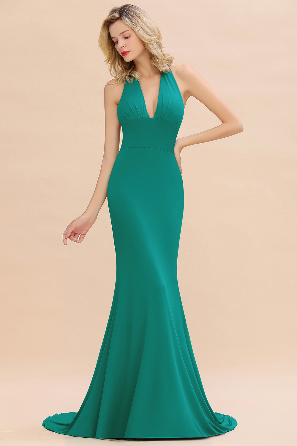 Elegant Long Mermaid Halter Pool V-neck Bridesmaid Dress