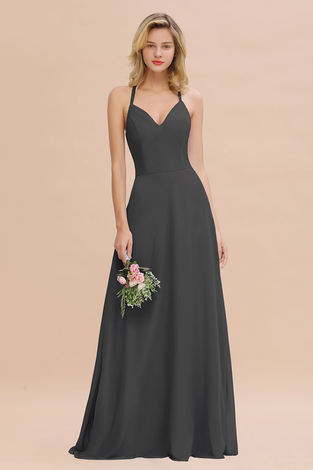 Stylish Chiffon Spaghetti Straps Sleeveless Long Bridesmaid Dress