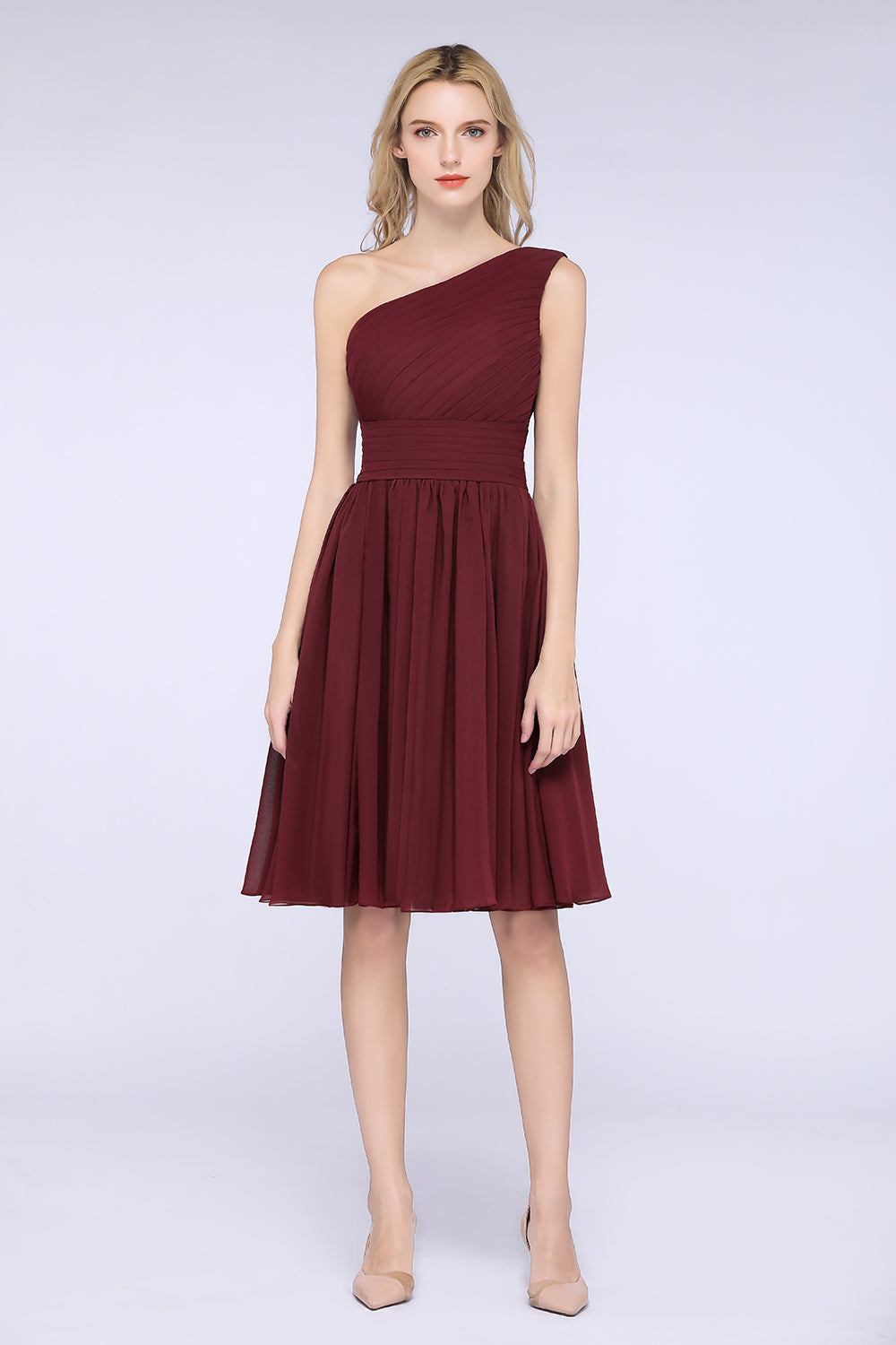 A-Line Chiffon One Shoulder Sleeveless Knee-Length Bridesmaid Dress with Ruffles