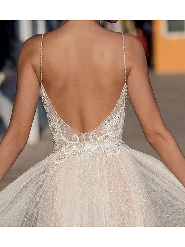 Long A-Line Spaghetti Strap Sleeveless Floor Length Wedding Dresses