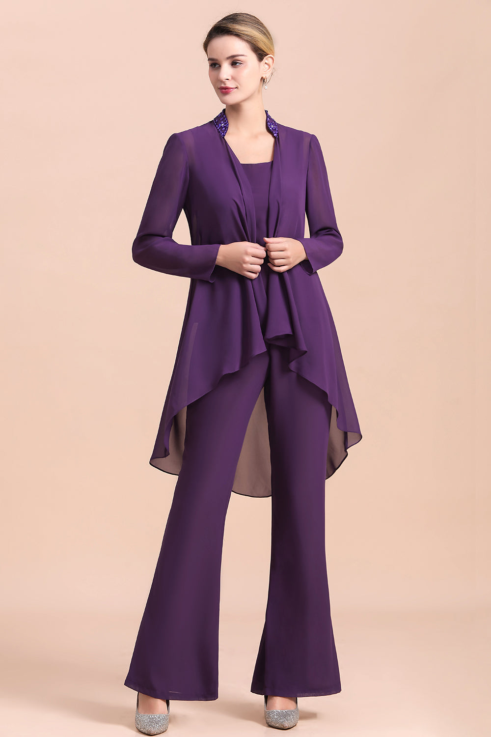 Straps Beading Grape Chiffon Long Sleeves Mother of Bride Jumpsuit With Wrap