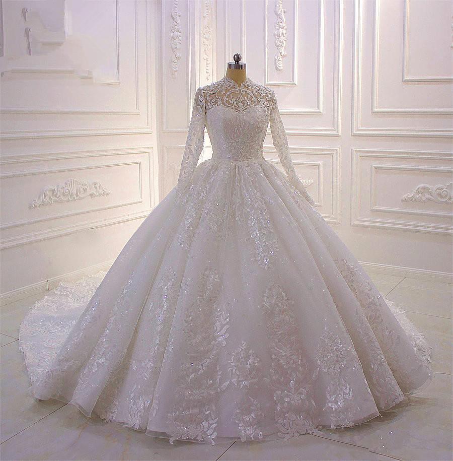 Long High Neck Appliques Lace Ball Gown Ruffles Wedding Dress with Long Sleeve