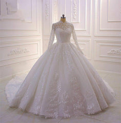 Long High Neck Appliques Lace Ball Gown Ruffles Wedding Dress with Long Sleeve