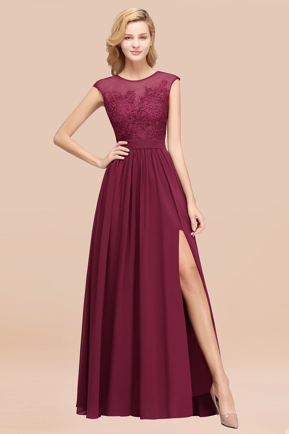 A-line Chiffon Lace Jewel Sleeveless Floor Length Bridesmaid Dresses with Appliques