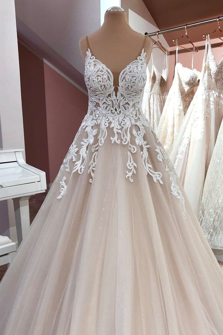Long Spaghetti Straps A-Line Sequin Tulle Appliques Lace Wedding Dress