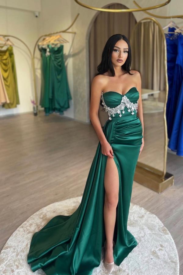 Dark Green Sweetheart Mermaid Satin Beading Long Prom Dress with High Split
