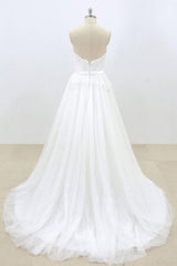 Long A-line Sweetheart Tulle Strapless Lace Wedding Dress