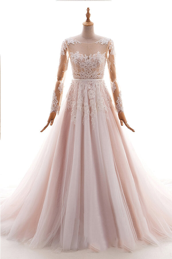 Long Appliques Lace Tulle A-line Wedding Dress with Sleeves
