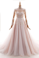 Long Appliques Lace Tulle A-line Wedding Dress with Sleeves