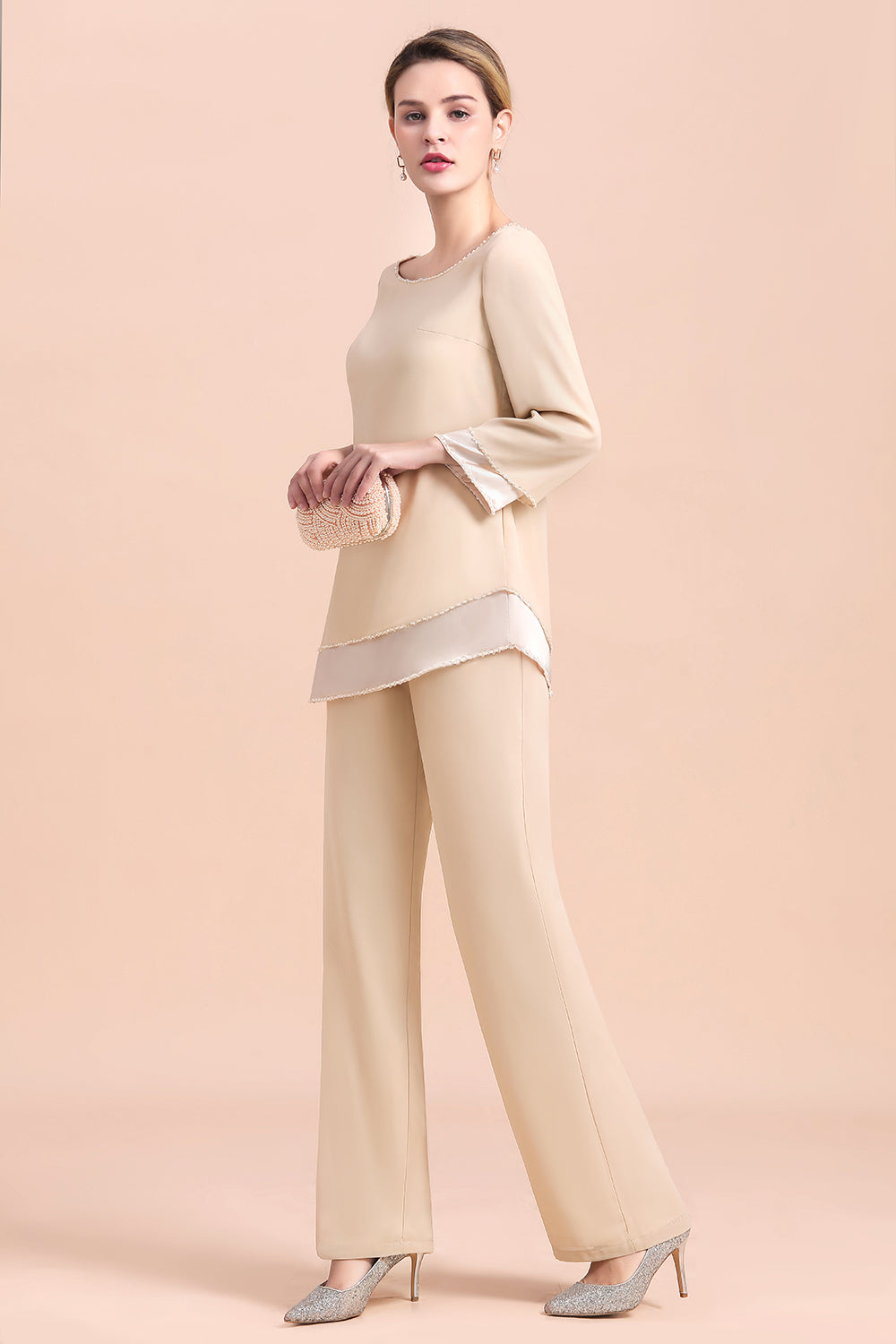 Chic Champagne Chiffon Long Sleeve Mother of Bride Jumpsuit