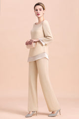 Chic Champagne Chiffon Long Sleeve Mother of Bride Jumpsuit