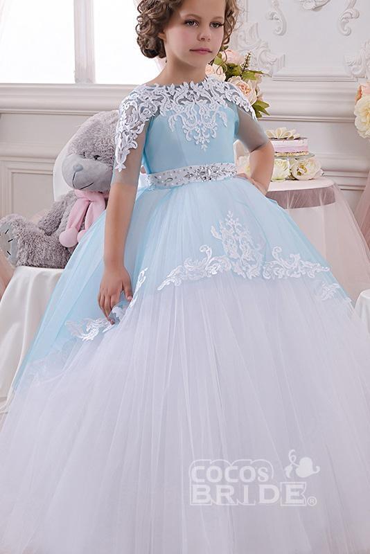 Long Scoop Neck 1/2 Sleeve Ball Gown Flower Girl Dress