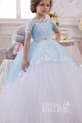 Long Scoop Neck 1/2 Sleeve Ball Gown Flower Girl Dress