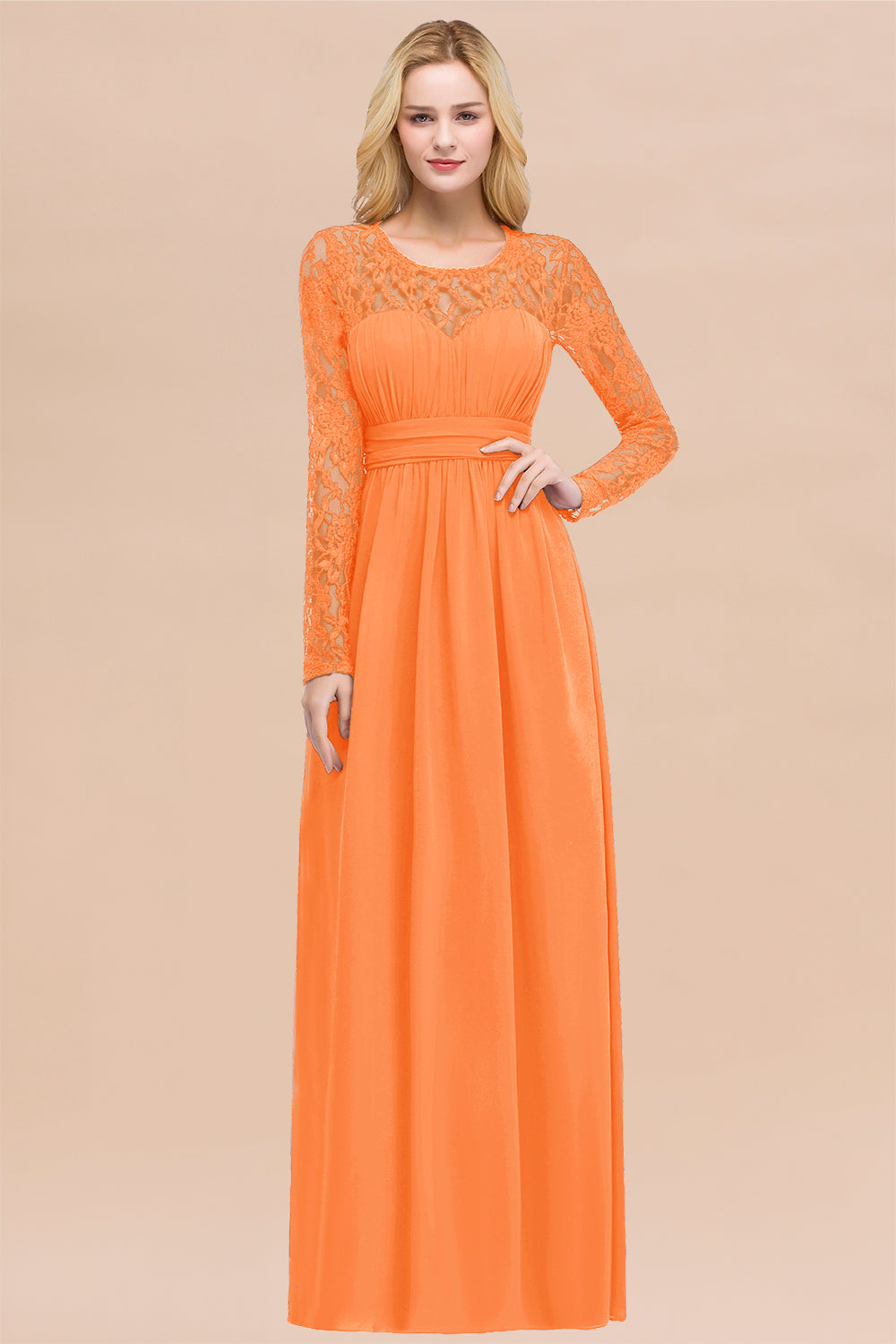 Elegant A-Line Chiffon Jewel Long Sleeves Ruffles Floor Length Bridesmaid Dresses