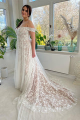 Gorgeous Plus Size Long A-line Off the Shoulder Lace Tulle Wedding Dresses