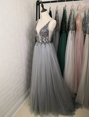 Long A-line V-neck Spaghetti Straps Beading Open Back Tulle Split Prom Dress