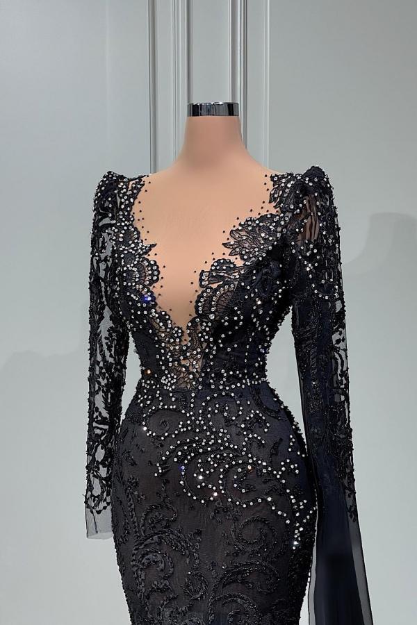 Elegant Long Mermaid V-neck Tulle Lace Black Formal Evening Dress with Sleeves