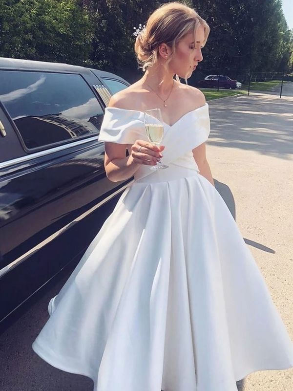Simple Short A-line Satin Off the Shoulder Wedding Dress